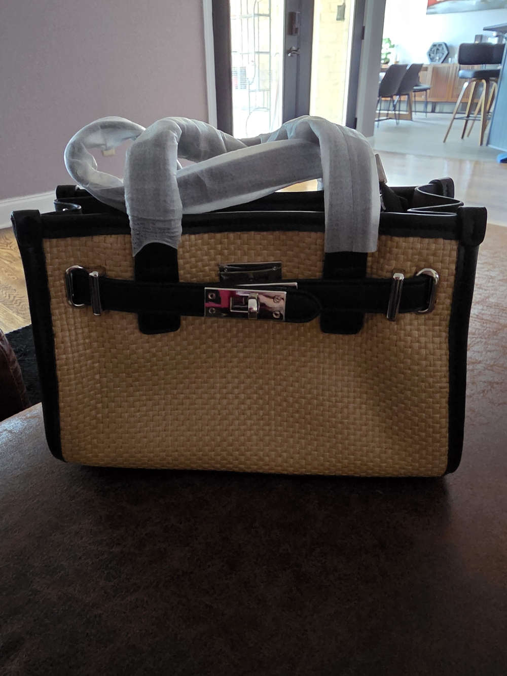 Woven Straw Tote Bag with Black Trim - Neutral